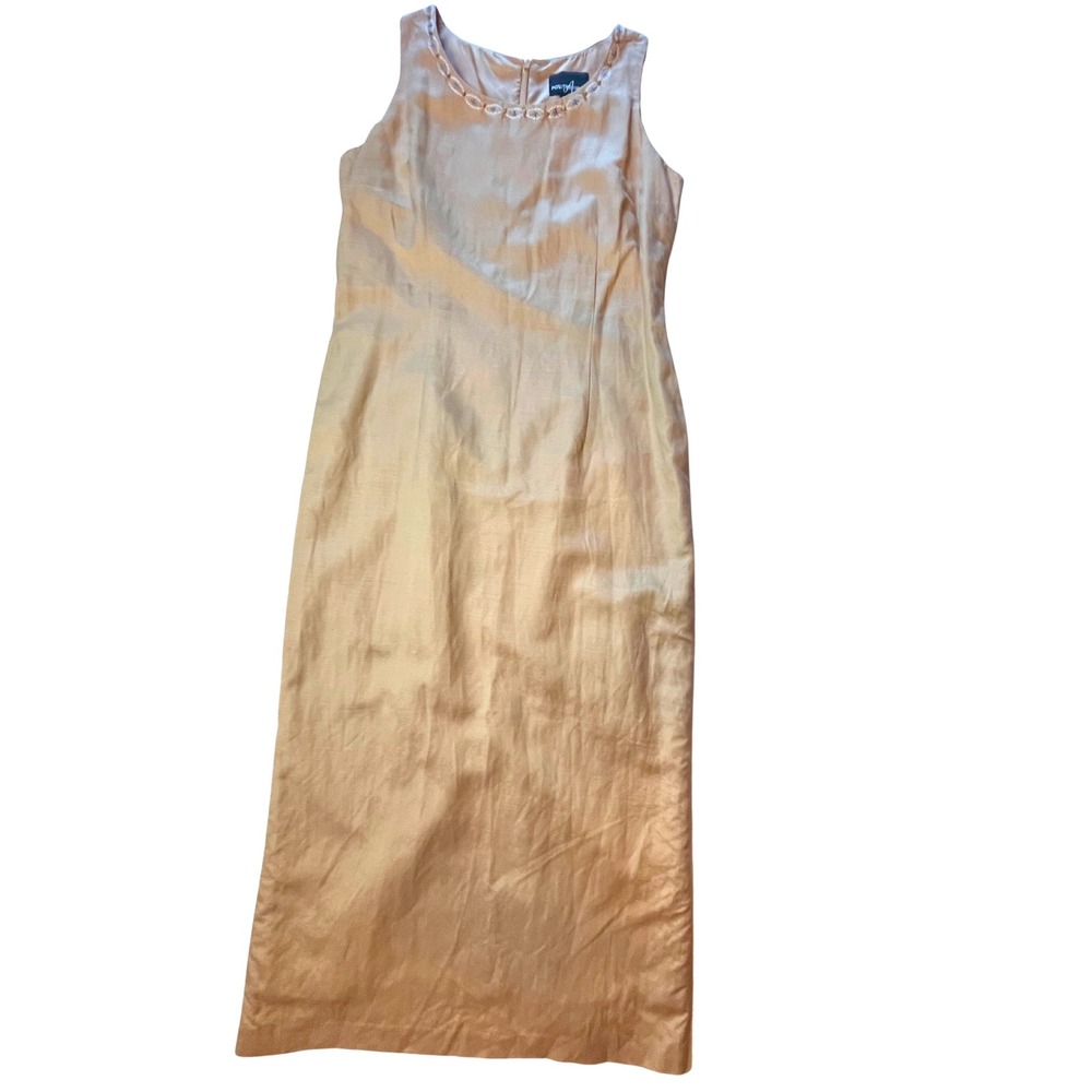 Vintage 90s Linen Blend Midi Dress Size 12 Beige Embellished Earthy Neutral Boho